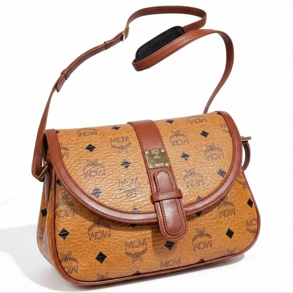 MCM Vintage Cognac Visetos Coated Canvas & Leather Messenger/Crossbody Flap Bag